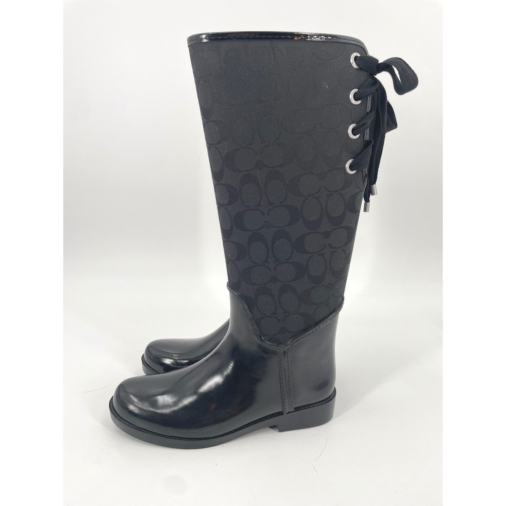 Coach Rain Boots Womens 8 Black Rubber Canvas Monogram Lace Up Tall Luxury